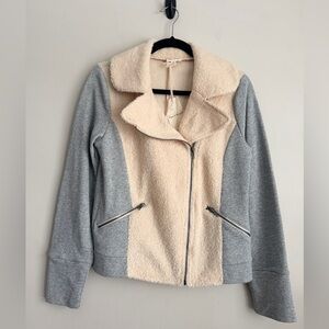 New Hem & Thread Women's Ivory Sherpa & Grey Zippered Moto Jacket Size S Small